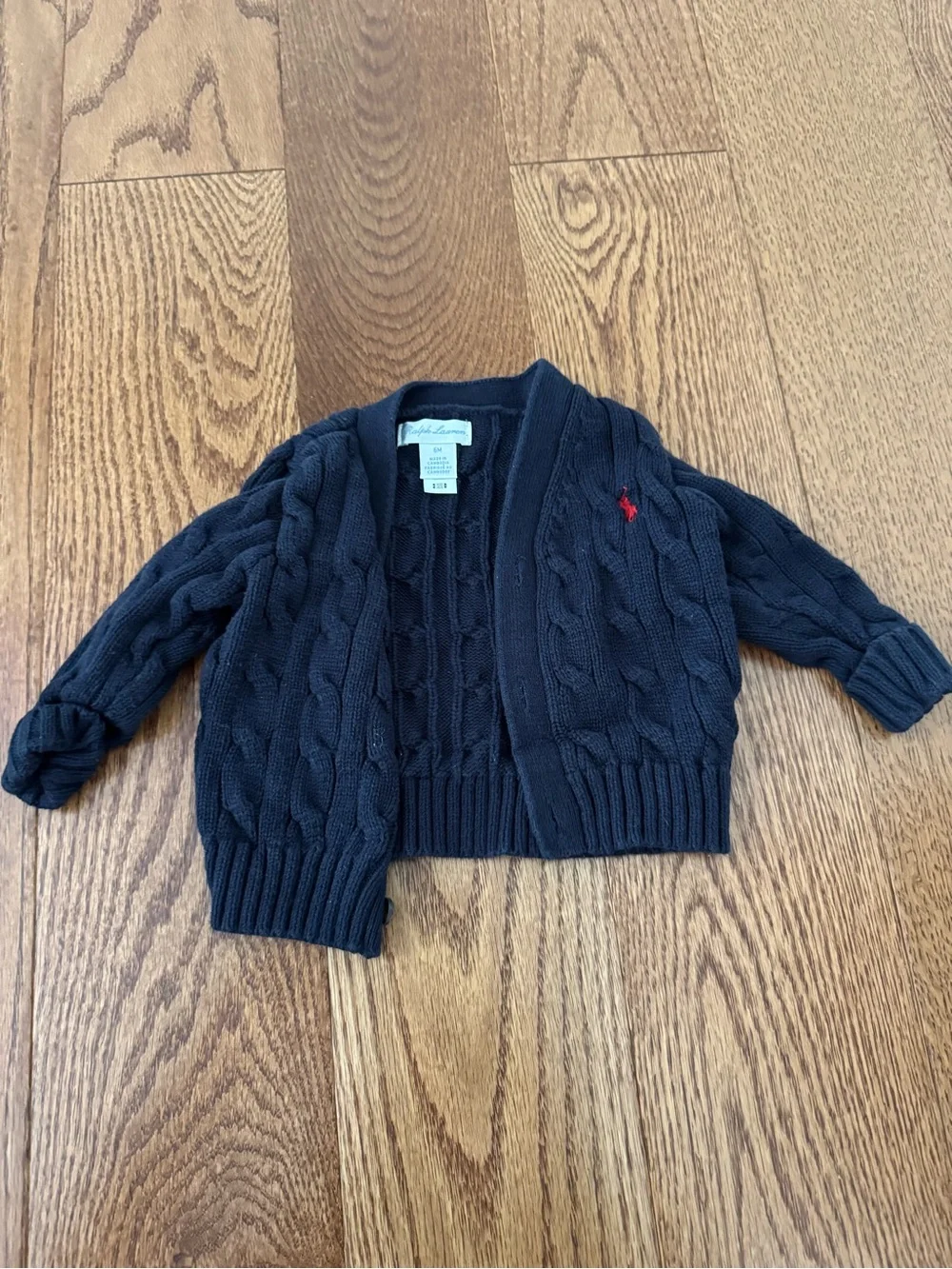 Ralph Lauren Navy Cable-Knit Baby Cardigan with Red Pony